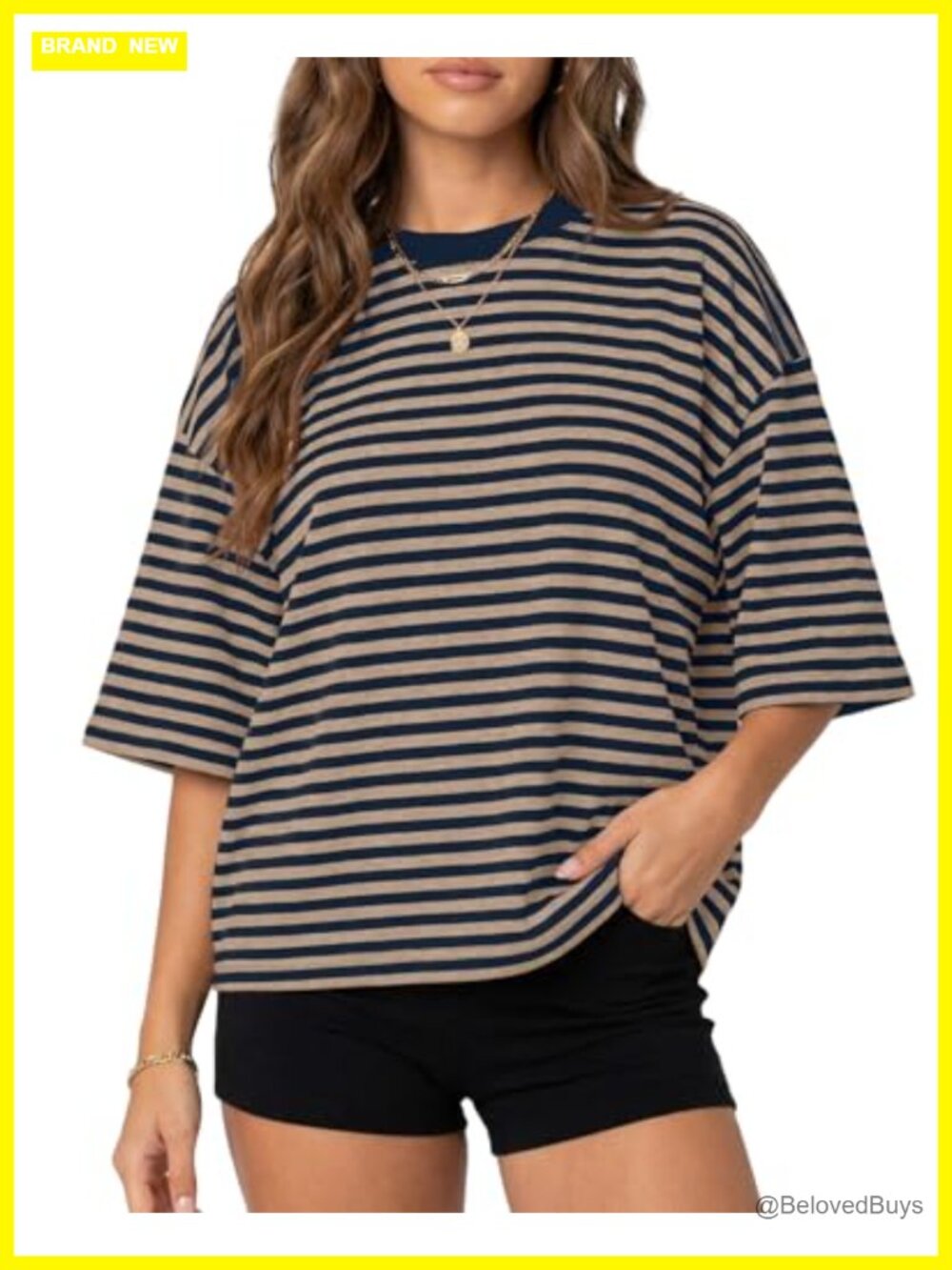 Oversized Striped Crewneck Drop Shoulder Short Sleeve Tee Y2K Summer Top